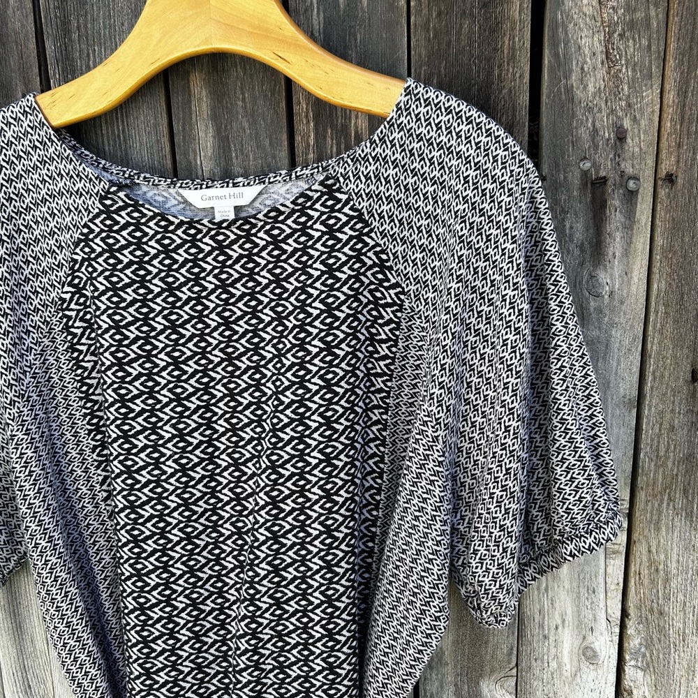 Garnet Hill Imogene Linen Midi Puff Sleeve Belted Print Dress Black Tan Beige L - Picture 7 of 16